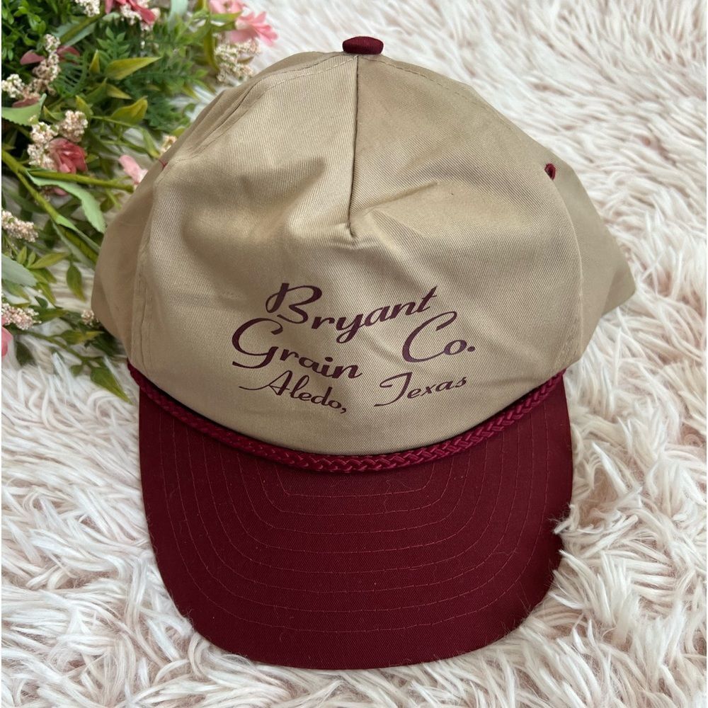 Vintage Nissun Tan Maroon Rope Band Snapback Trucker Hat Texas Bryant Grain Co